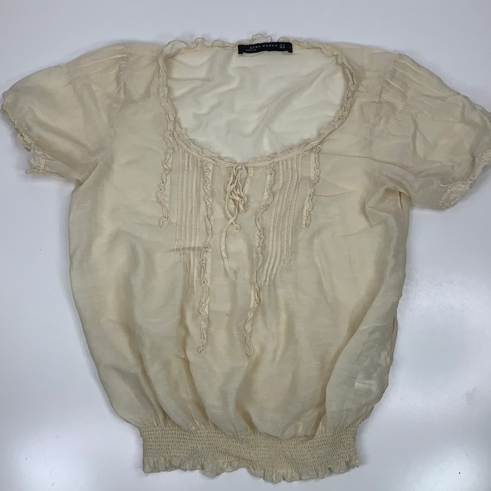Zara Woman Peasant Blouse Top Short Sleeve Cream